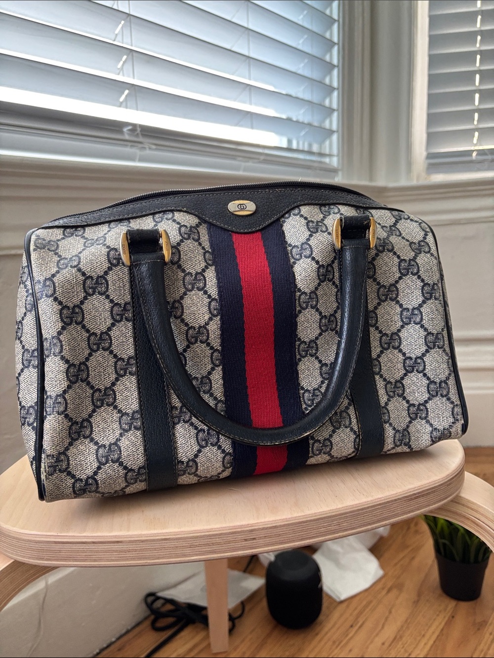 Gucci Navy & Red Signature Canvas Boston Satchel